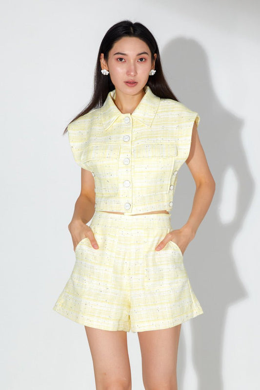 Jolie Yellow Sequin Tweed Top and Shorts - Nimisski