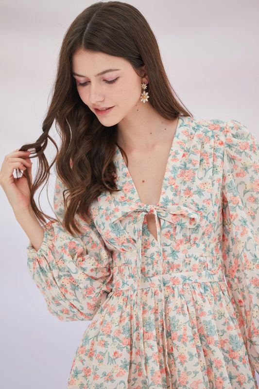 Elliana Flower Print Embroidered Dress - Nimisski