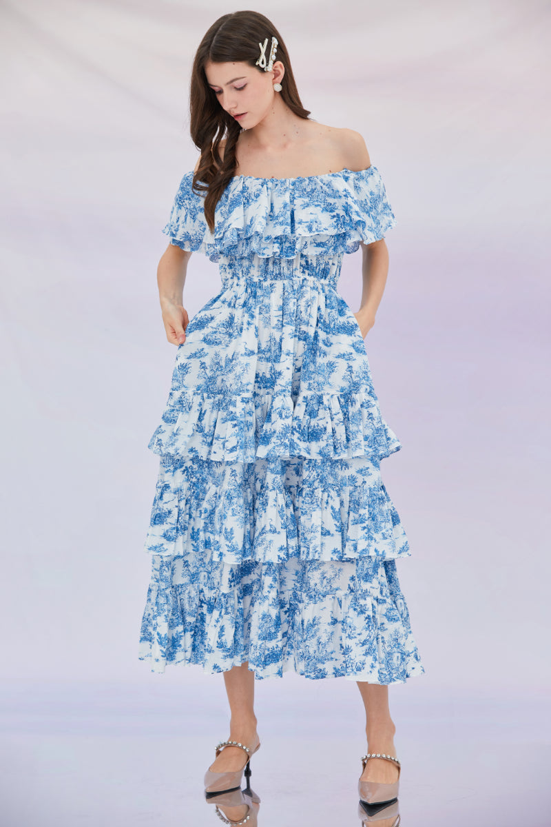 Esther Off Shoulder Tier Printed Dress