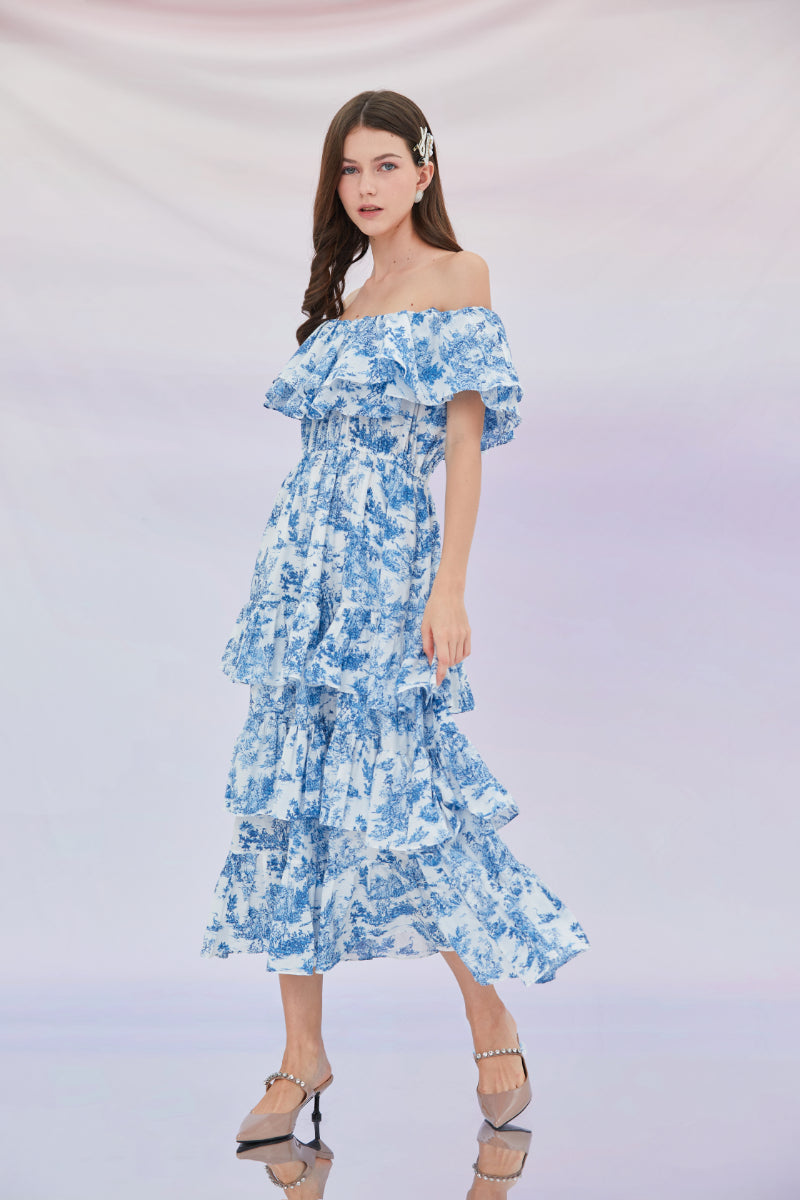 Esther Off Shoulder Tier Printed Dress