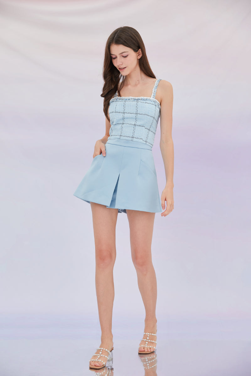 Etta Light Blue Tweed Spaghetti Cropped Top