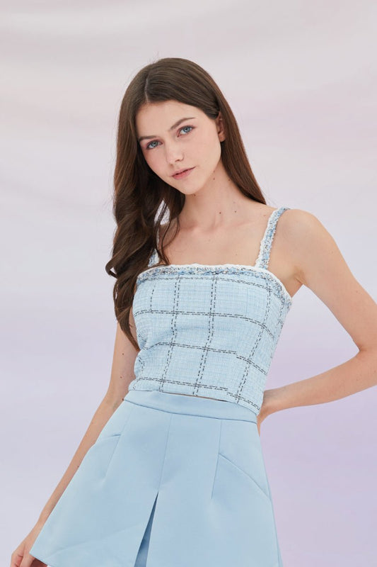 Etta Light Blue Tweed Spaghetti Cropped Top - Nimisski