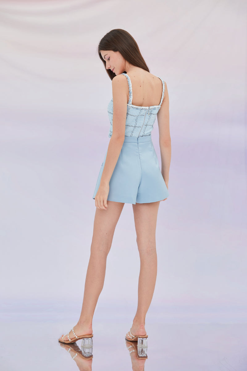 Etta Light Blue Tweed Spaghetti Cropped Top