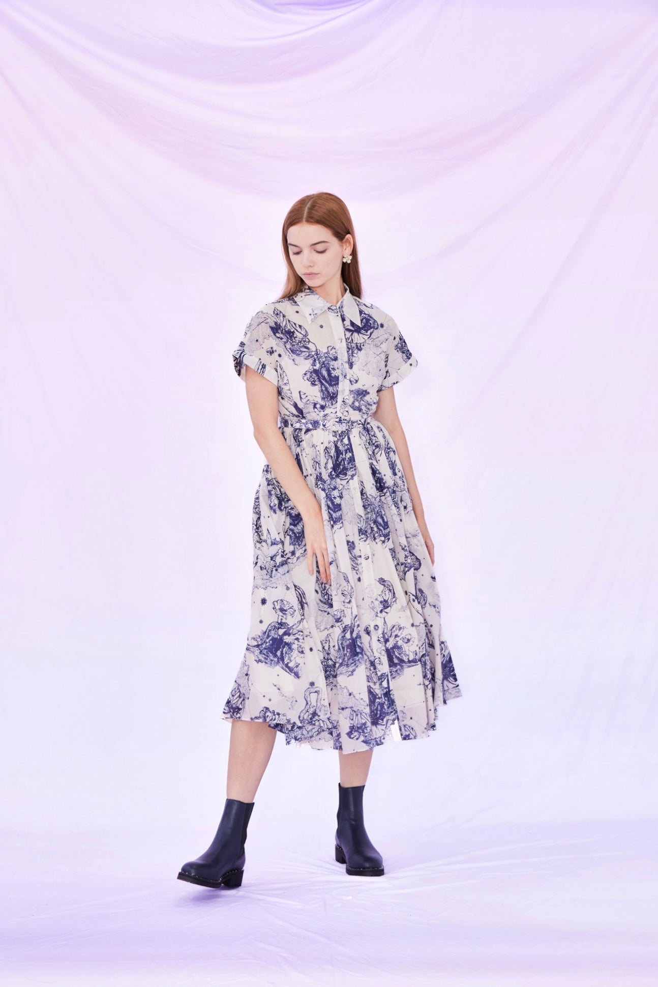 Fiori Blue Print Shirt-Dress