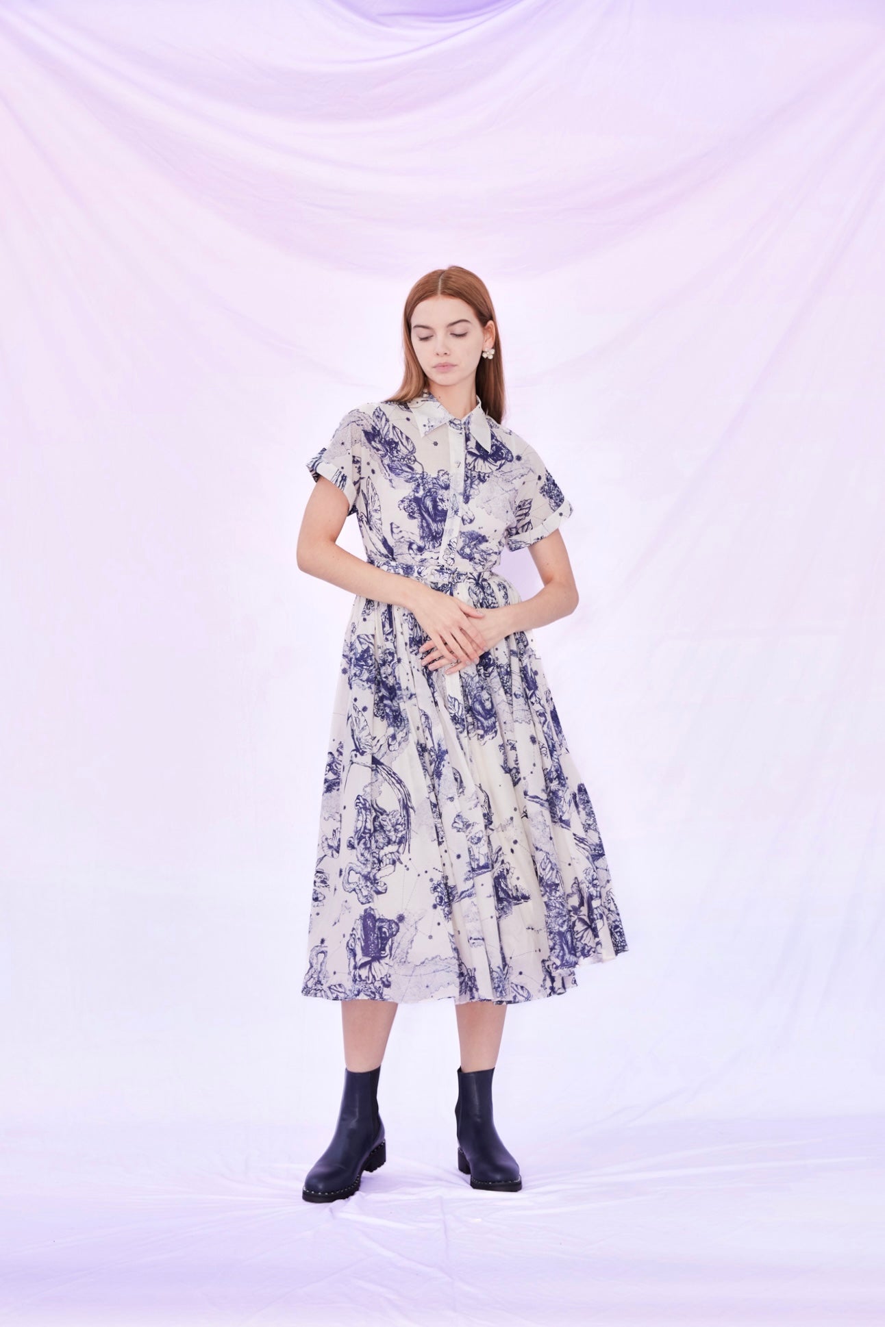 Fiori Blue Print Shirt-Dress