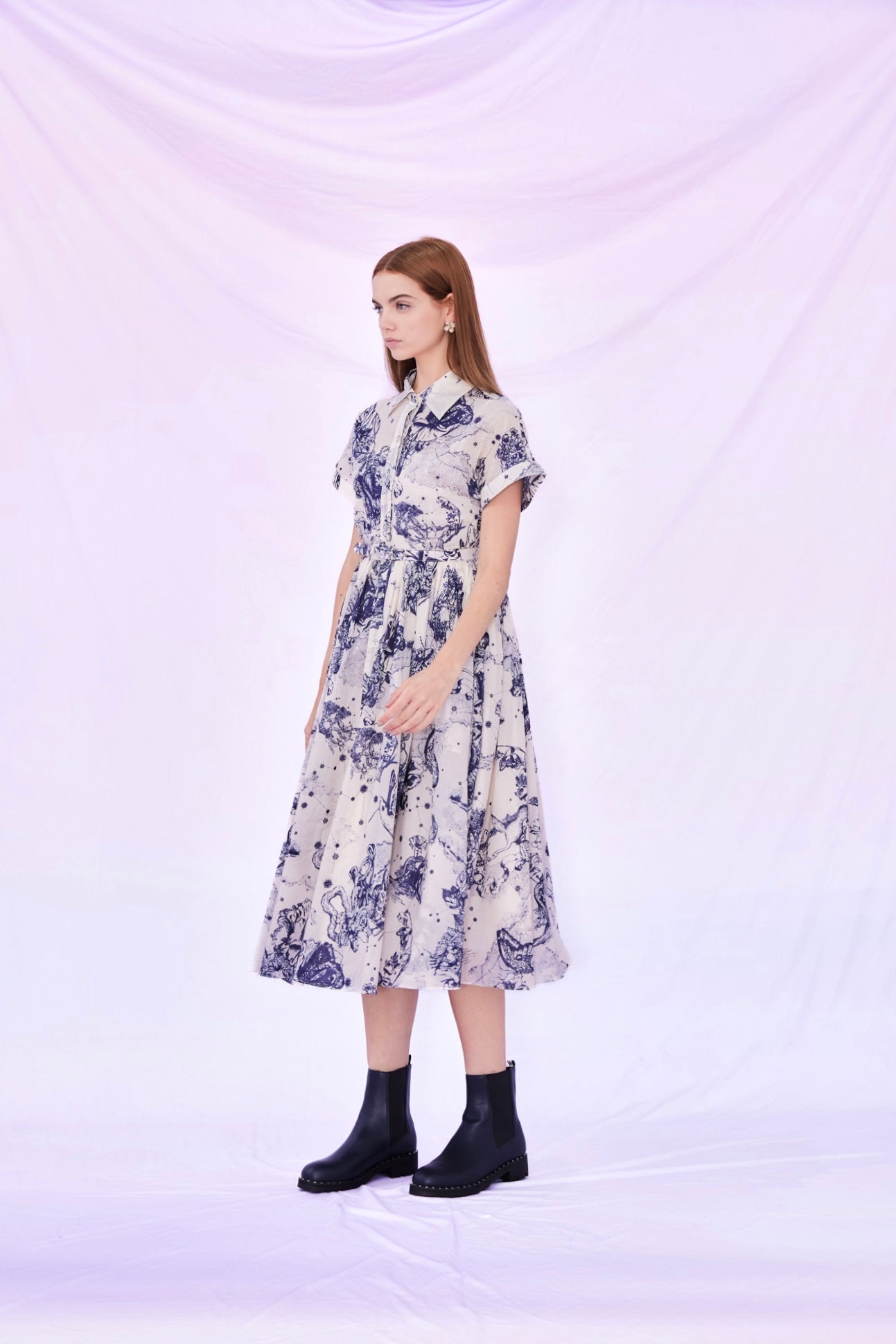 Fiori Blue Print Shirt-Dress