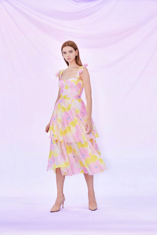 Floris Yellow Pink Tier Dress