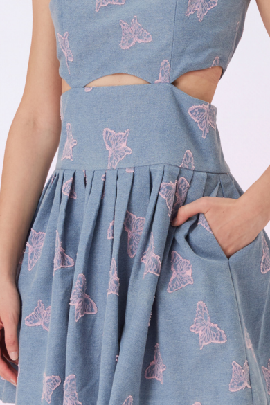 Gada Butterfly In Blue Denim Cut-Out Dress