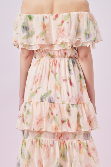 Gilana Peach Floral Print Tier Dress