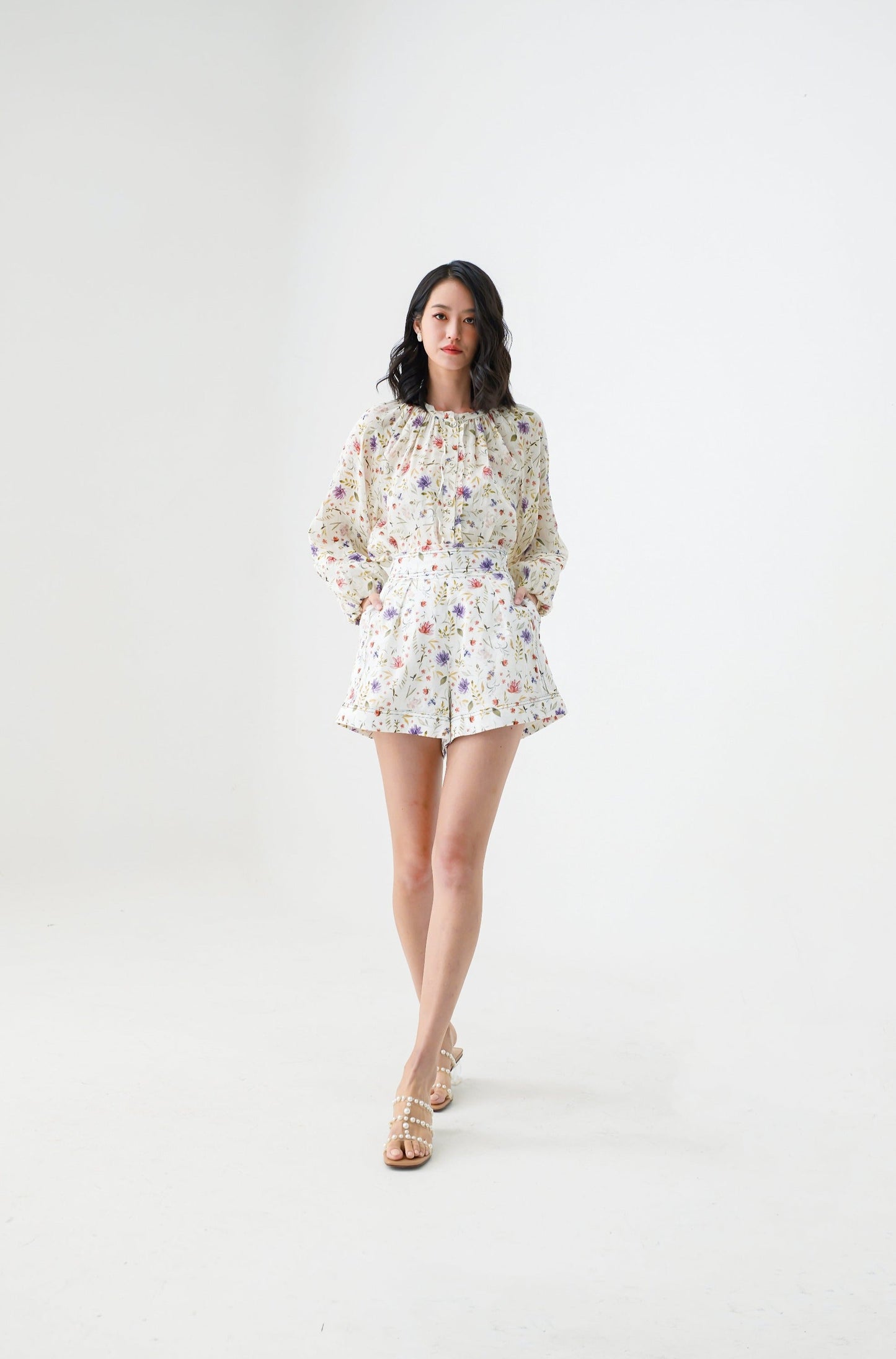 Eliora White Flora Prints Shorts
