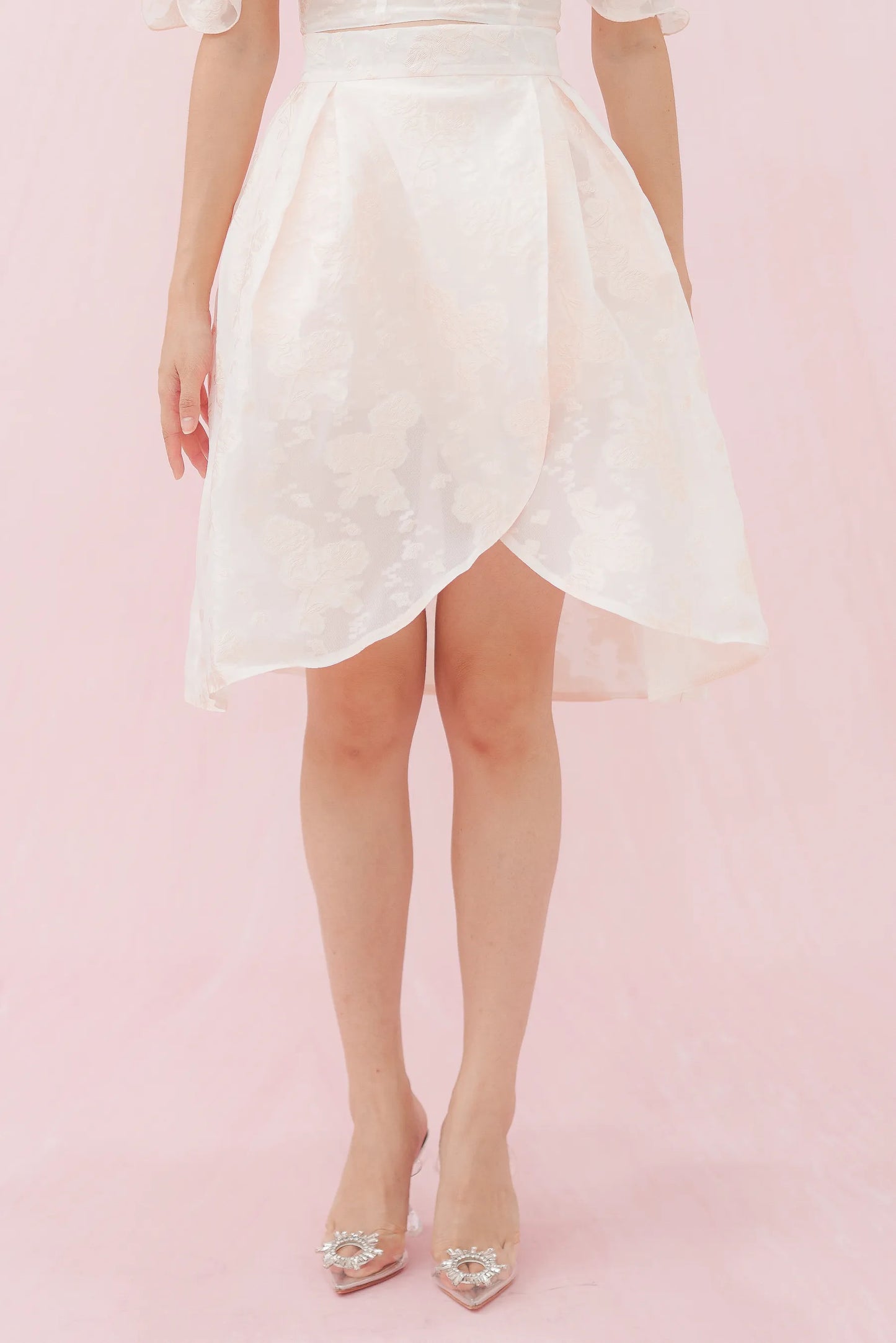 Francena Pink Flower Jacquard Short Skirt - Nimisski