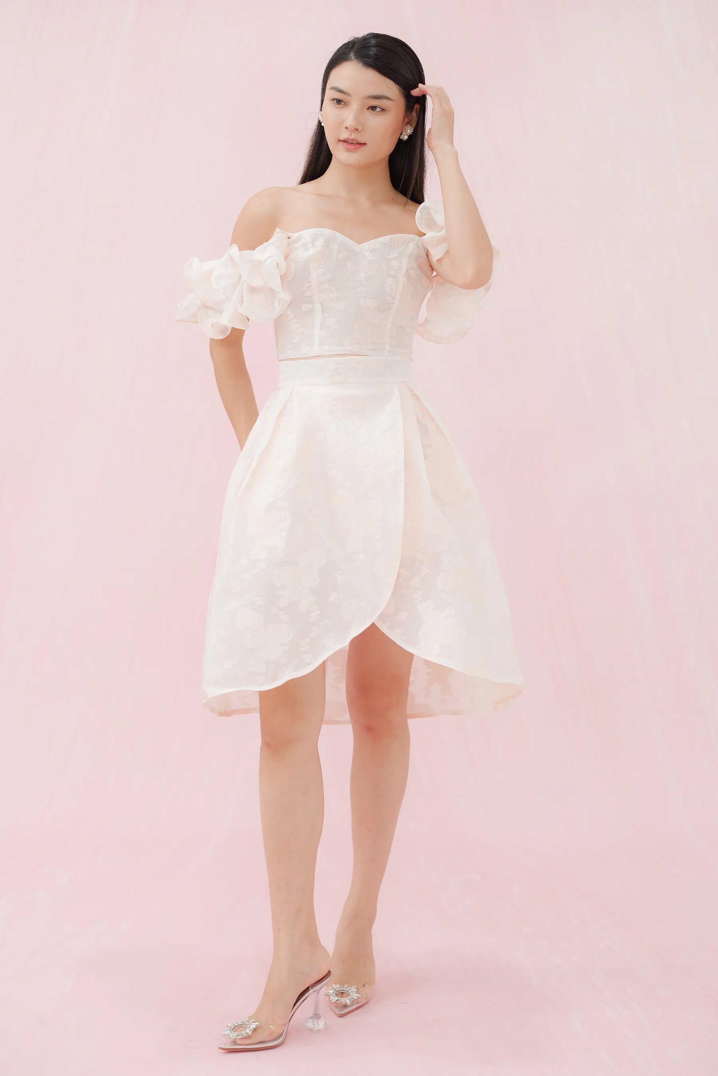 Francena Pink Flower Jacquard Short Skirt - Nimisski