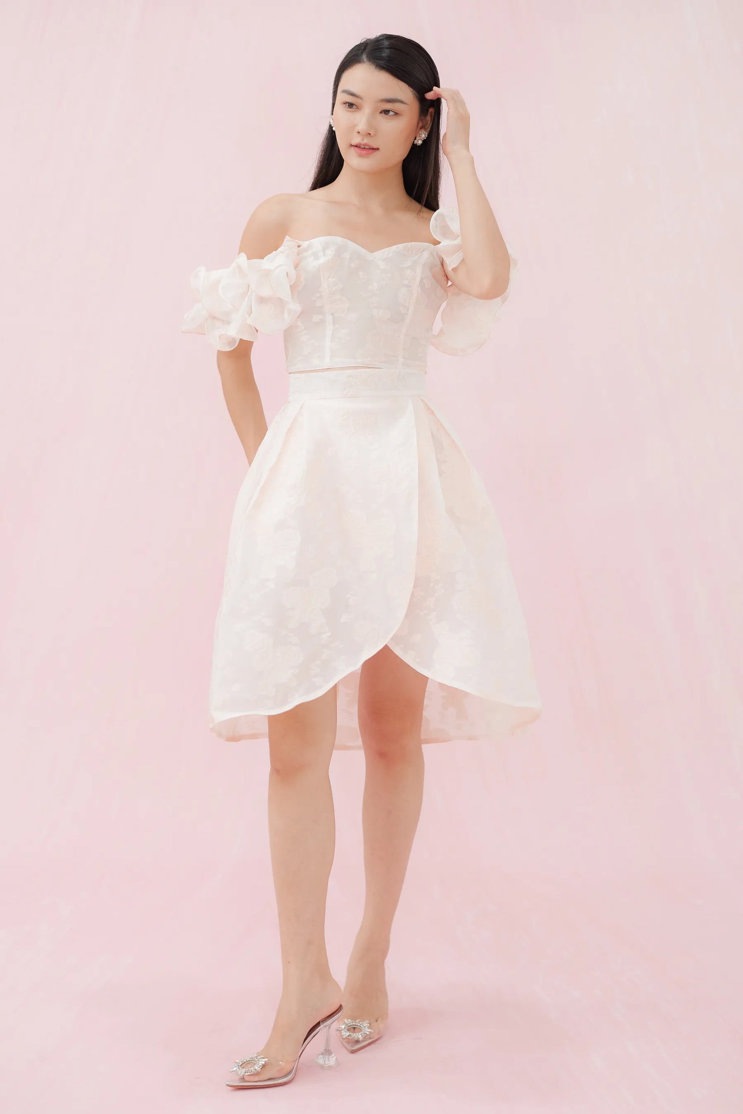 Francena Pink Flower Jacquard Short Skirt - Nimisski