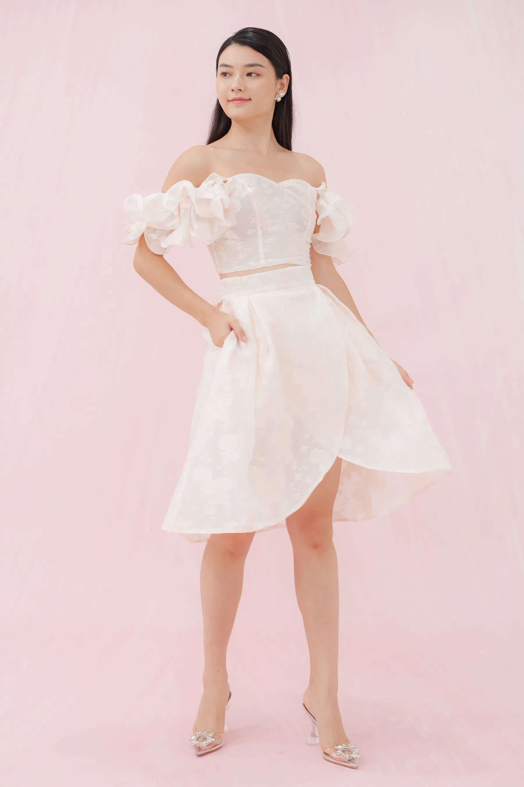 Francena Pink Flower Jacquard Short Skirt - Nimisski