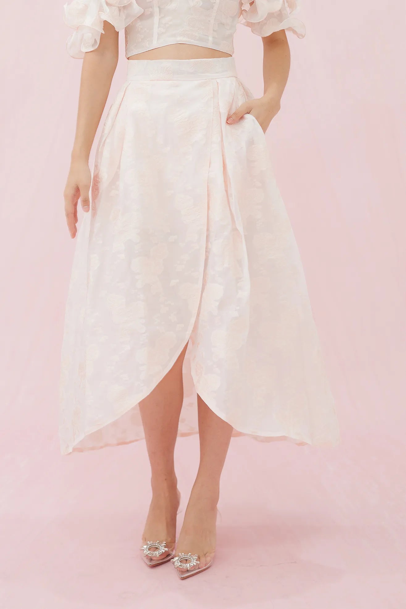 Francena Pink Flower Jacquard Long Skirt - Nimisski