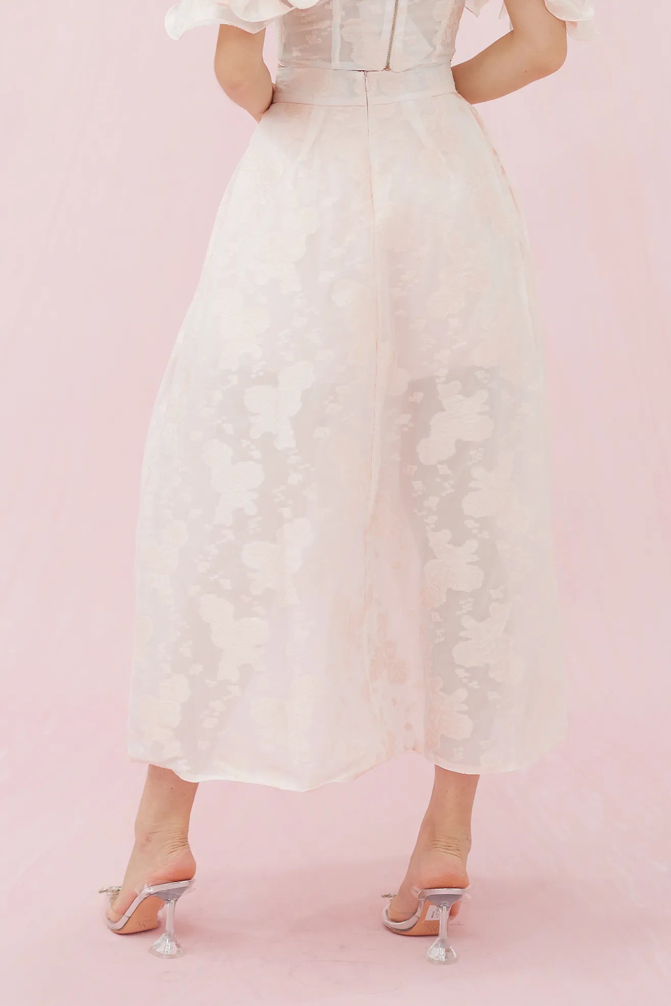 Francena Pink Flower Jacquard Long Skirt - Nimisski