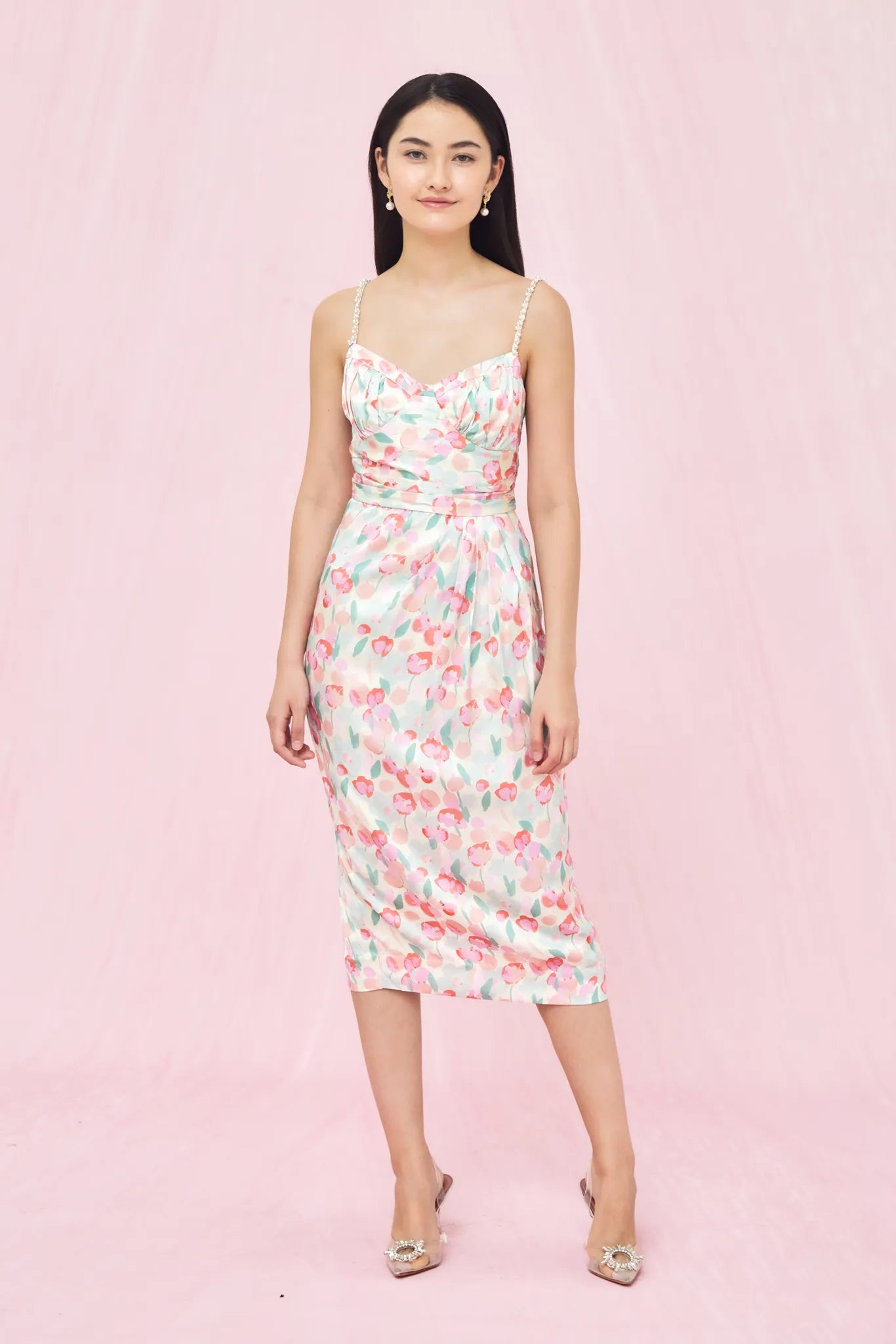 Genara White Pink Watercolour Floral  Dress