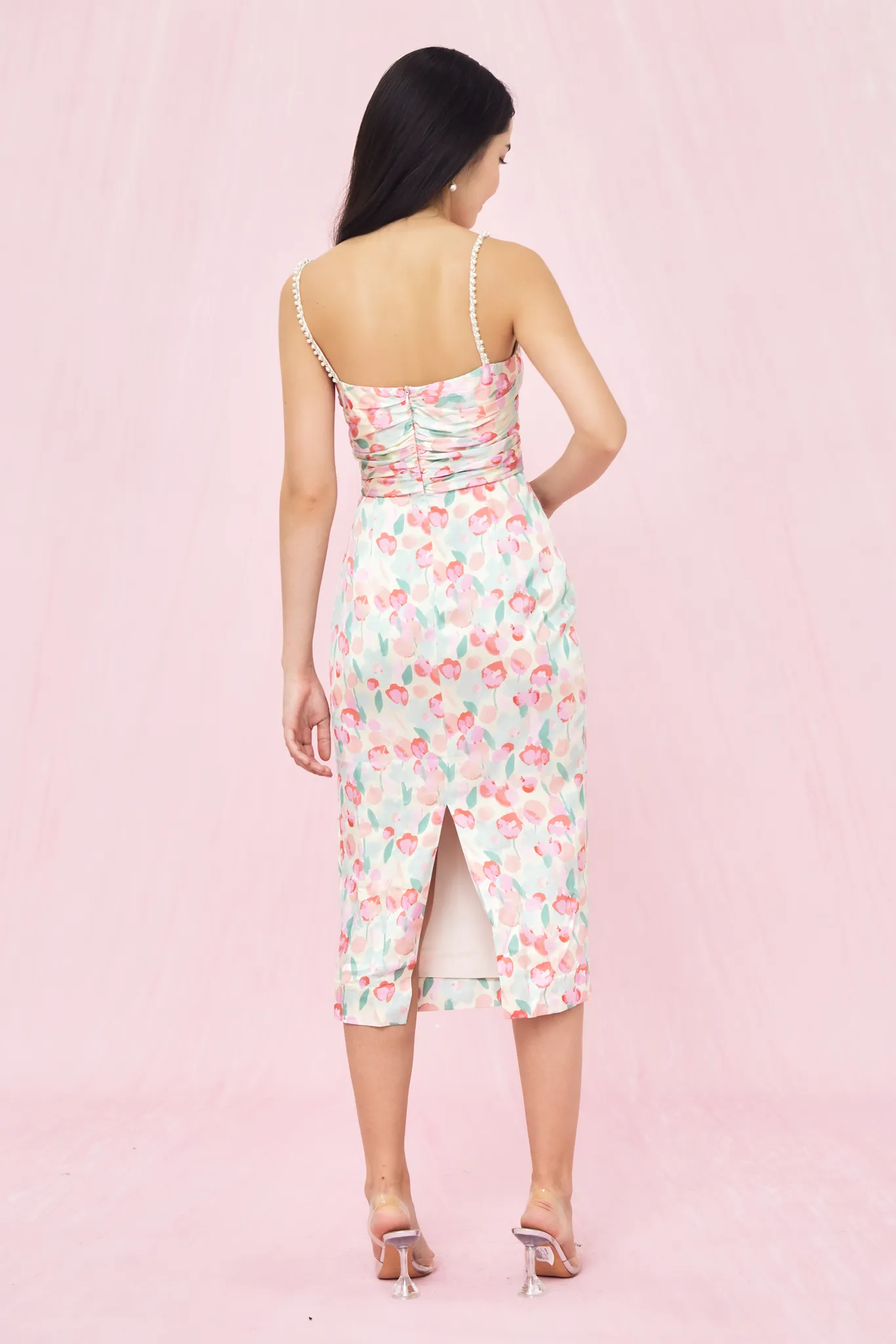 Genara White Pink Watercolour Floral  Dress