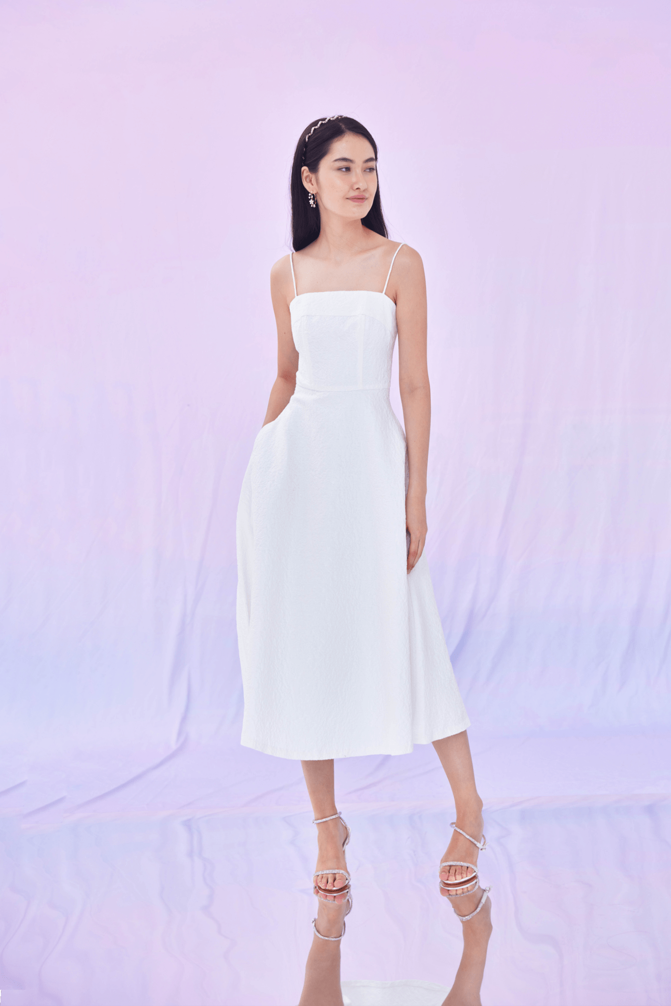 Graciella White Puff Jacquard Long Dress - Nimisski