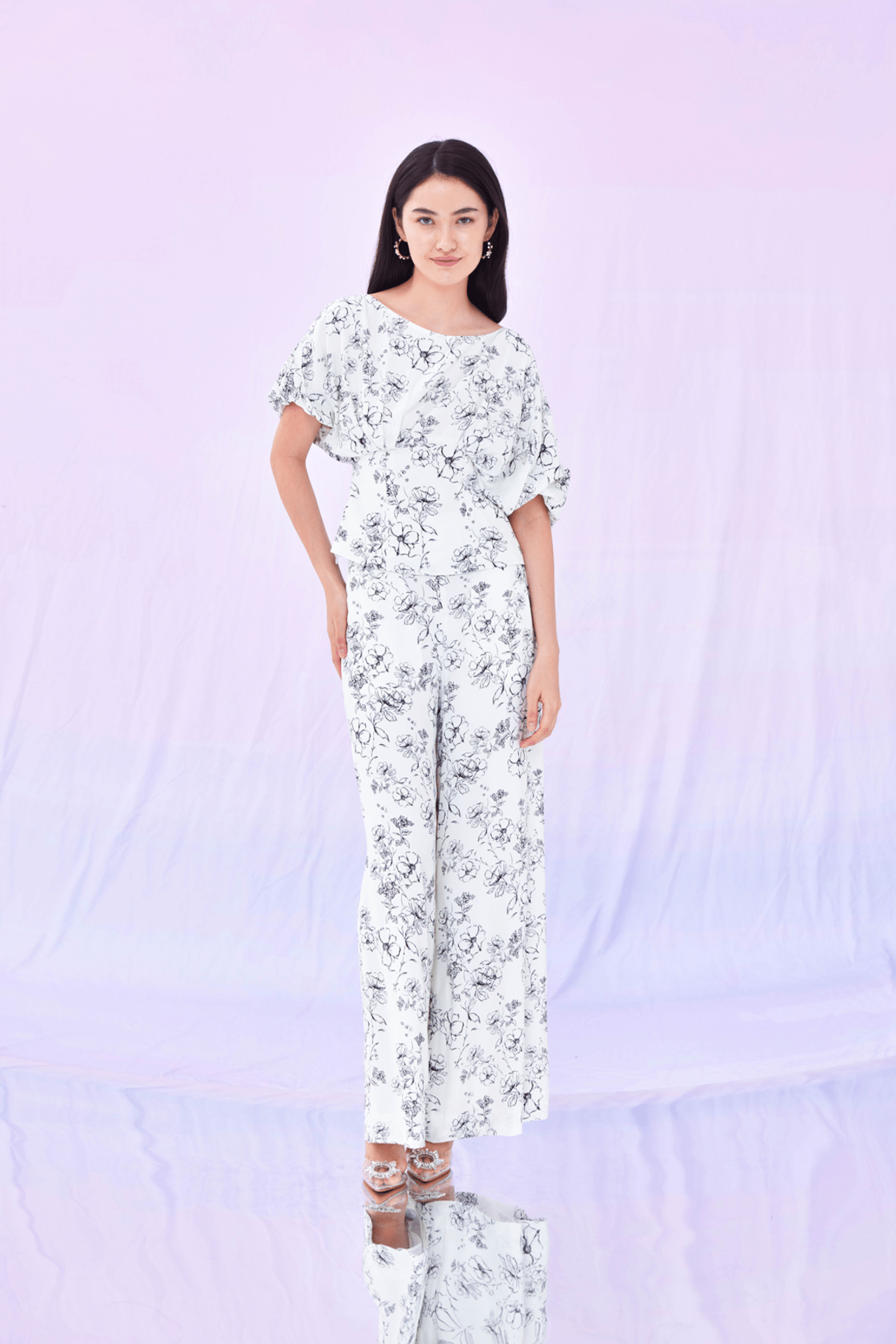 Gaile Black Flower Print Long Pants - Nimisski
