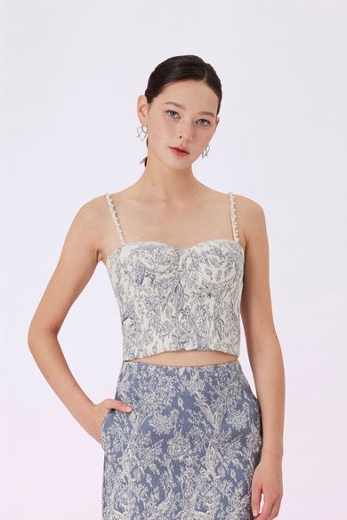 Gabrila Off White Denim Print Bustier Top