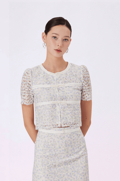 Giliana Light Blue Floral Lace Pearl Knot Top - Nimisski