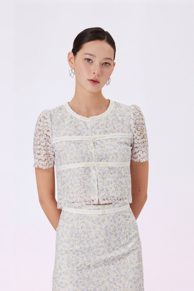 Giliana Light Blue Floral Lace Pearl Knot Top