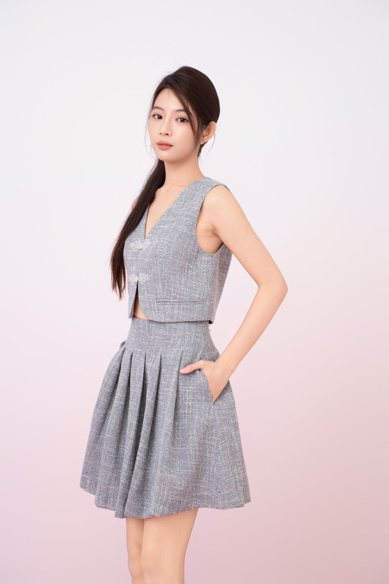 Katalina Grey Tweed Pleated Skirt - Nimisski