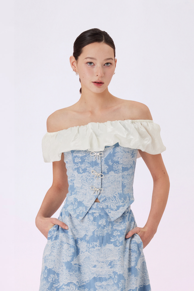 Geenya Blue Printed Denim Off-Shoulder Top