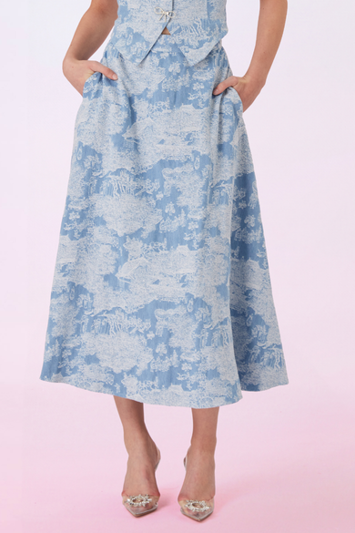 Geenya Blue Printed Denim A-Line Skirt