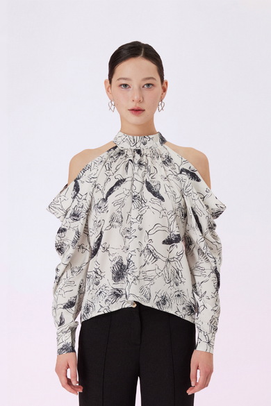 Gwendolynne Black Print In White Cold Shoulder Top