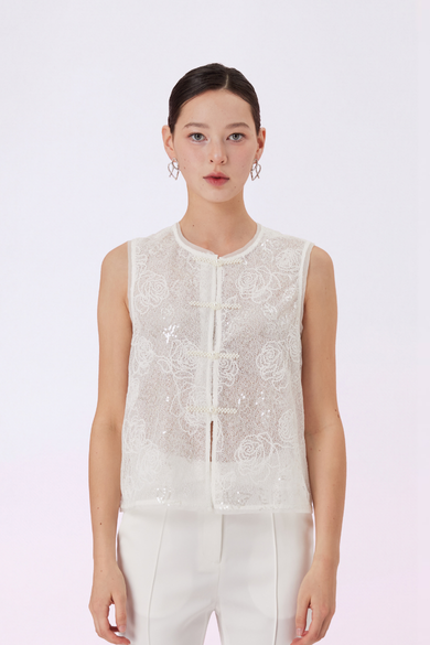 Gavi White Rose Lace Sleeveless Top