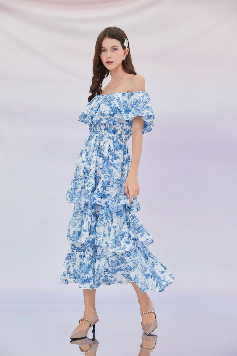 Francisca Off Shoulder Tier Printed Dress - Nimisski