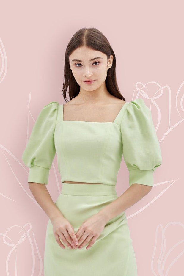 Gilian Green Puffy Sleeve Crop Top - Nimisski