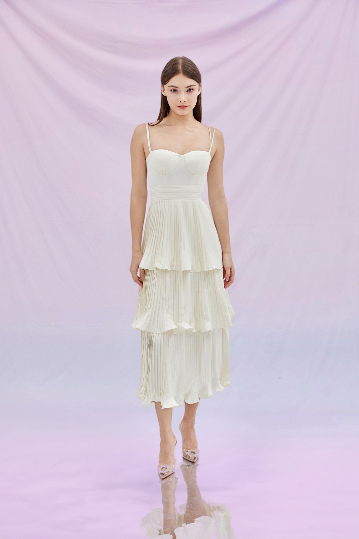 Fay Beige Pleated Tier Dress