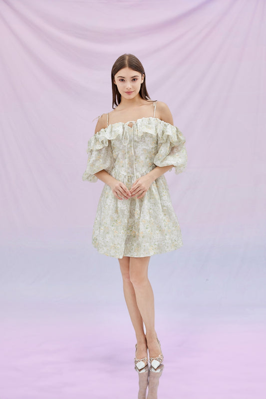 Glen Green Flower Drop Shoulder Dress