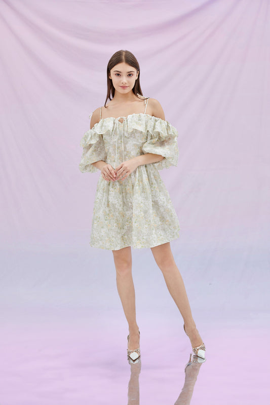 Glen Green Flower Drop Shoulder Dress