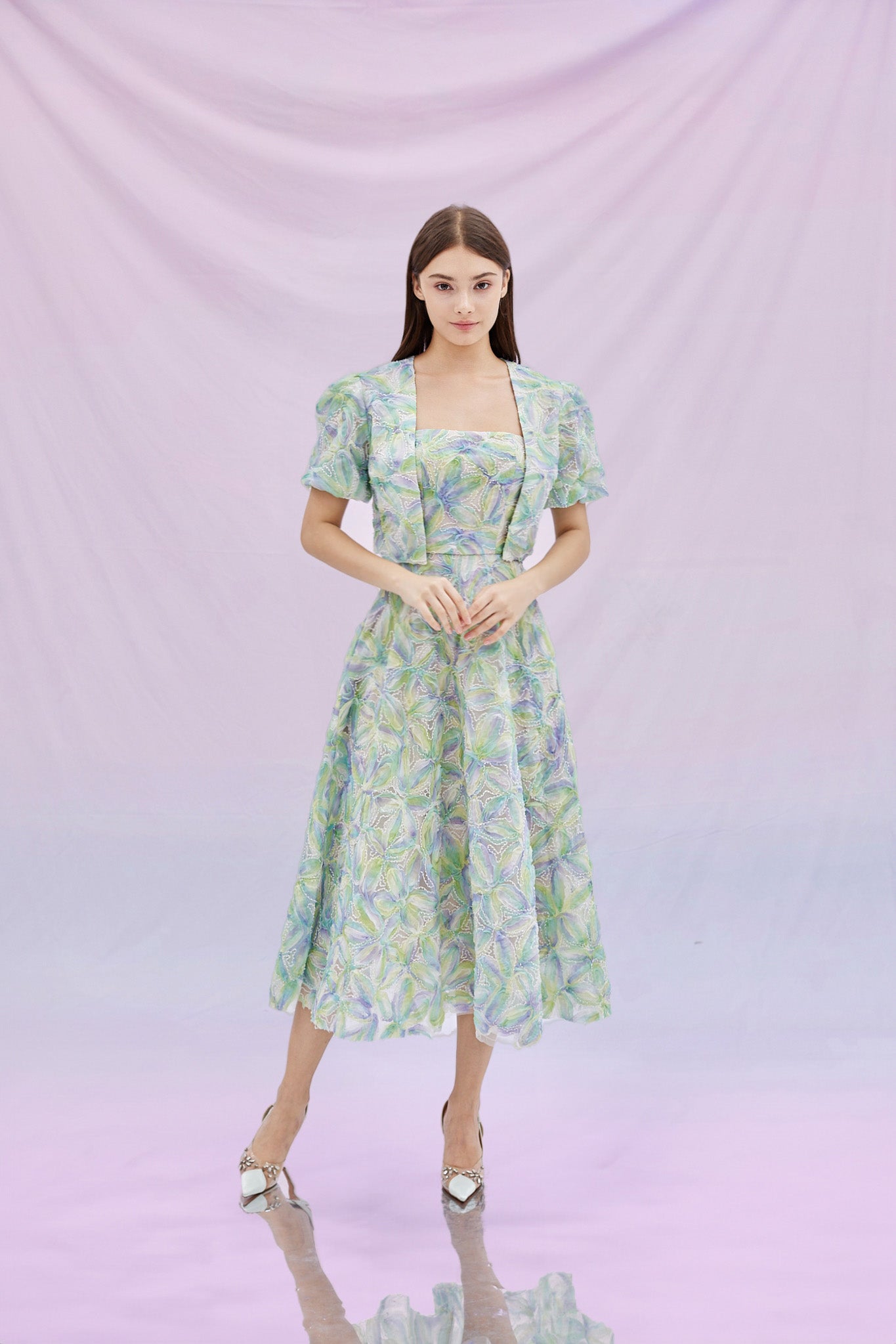 Gayel Green Purple Pastel 3D Flower Tulle