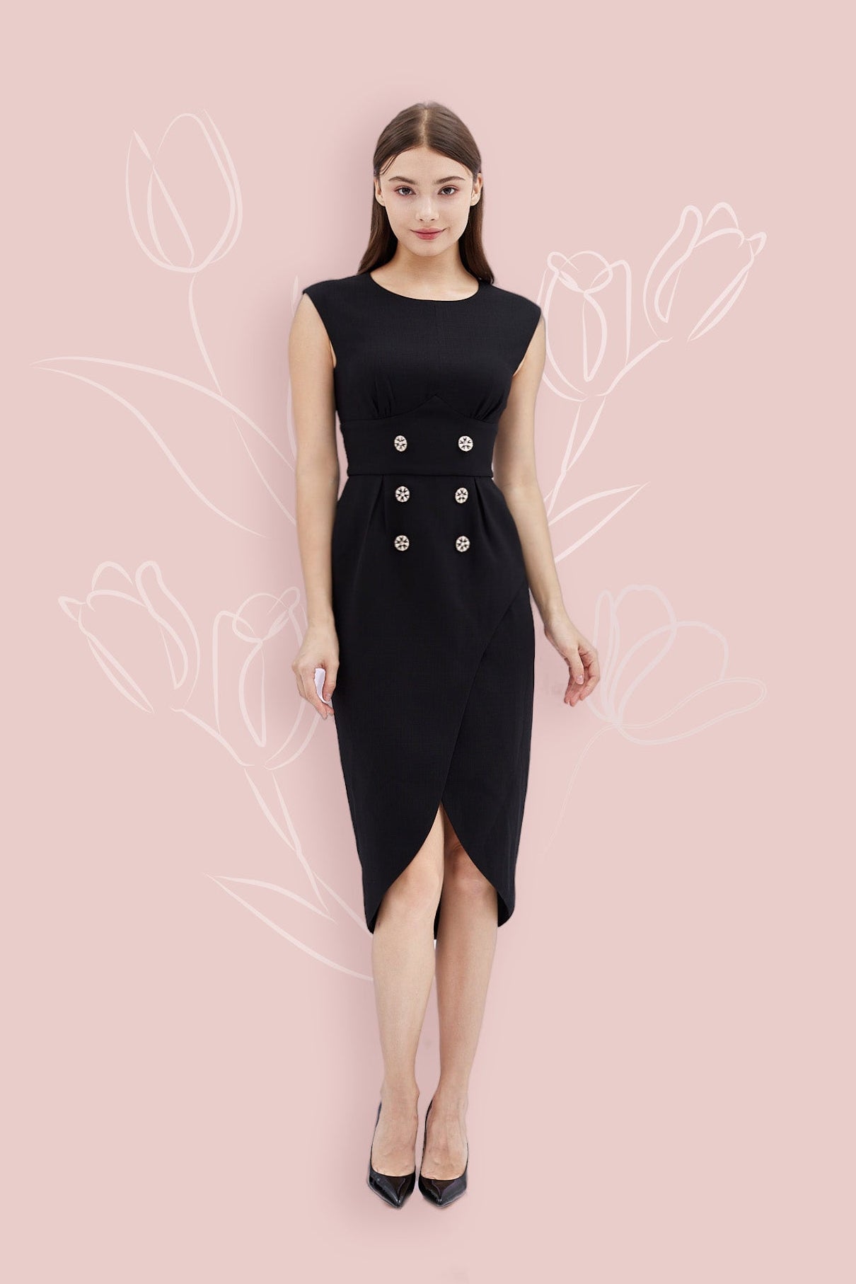 Amara Blouson Buttoned Black Tweed Dress - Nimisski