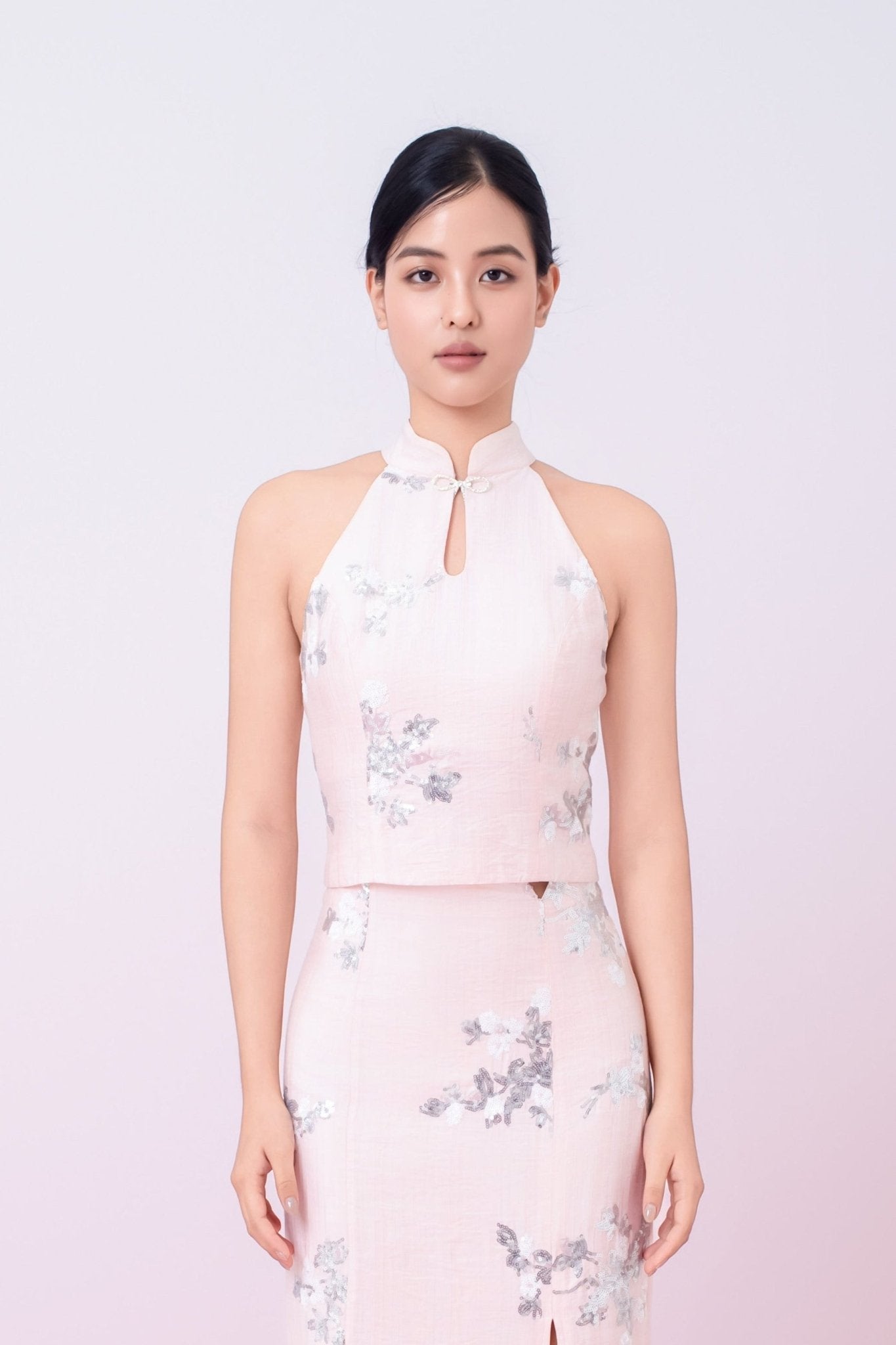 Gilana Light Pink With Sequins Halter Top - Nimisski