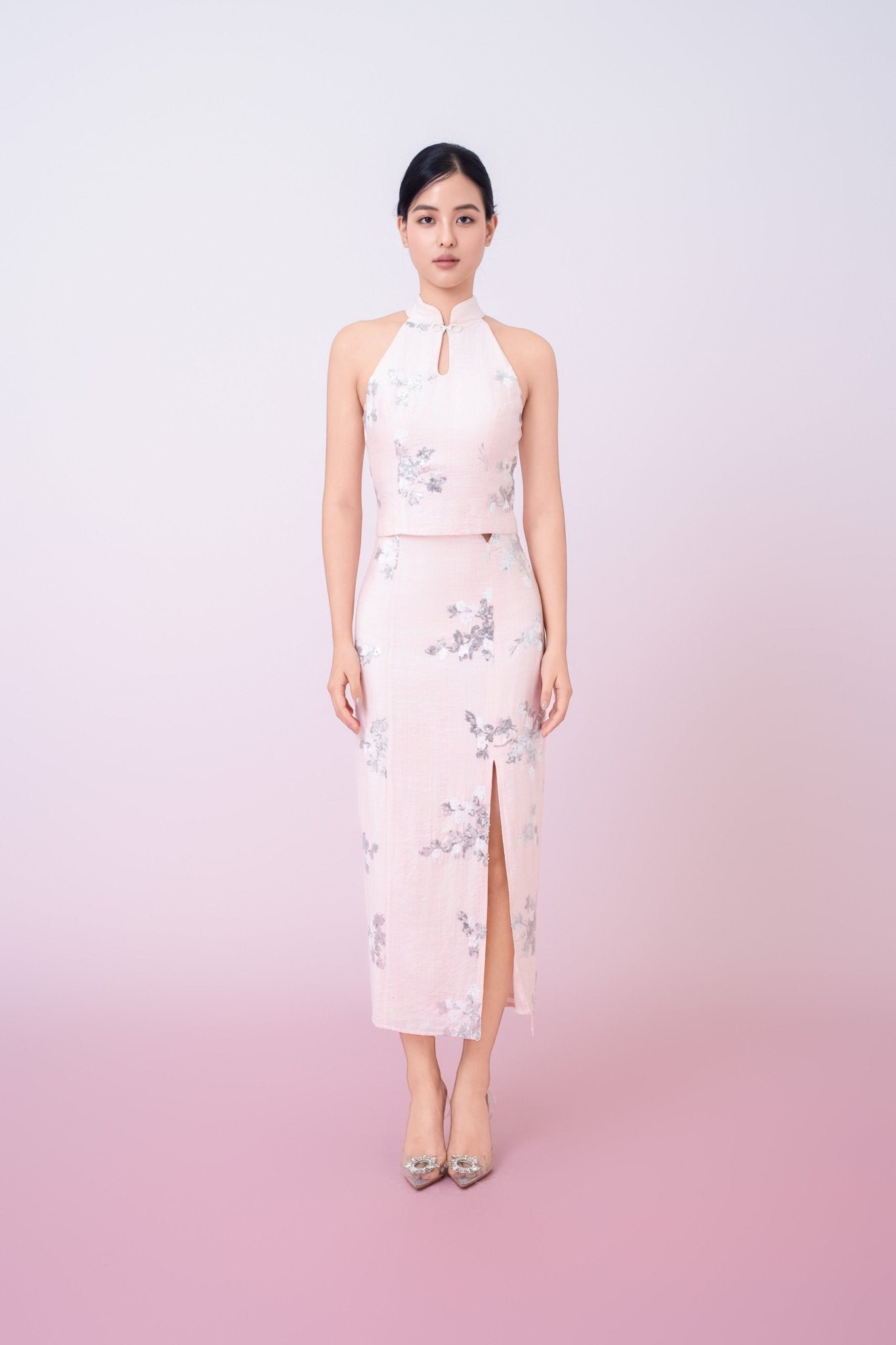 Gilana Light Pink With Sequins Halter Top - Nimisski