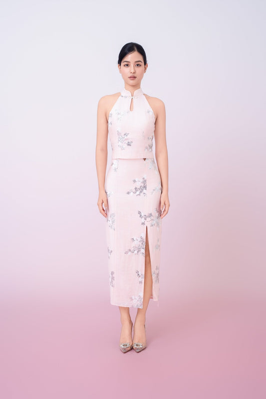 Gilana Light Pink With Sequins Halter Top - Nimisski