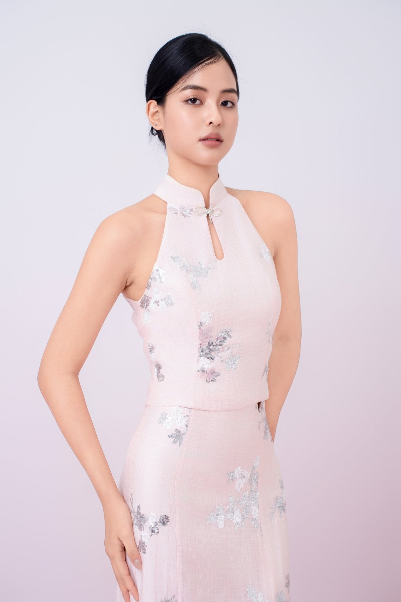 Gilana Light Pink With Sequins Halter Top - Nimisski