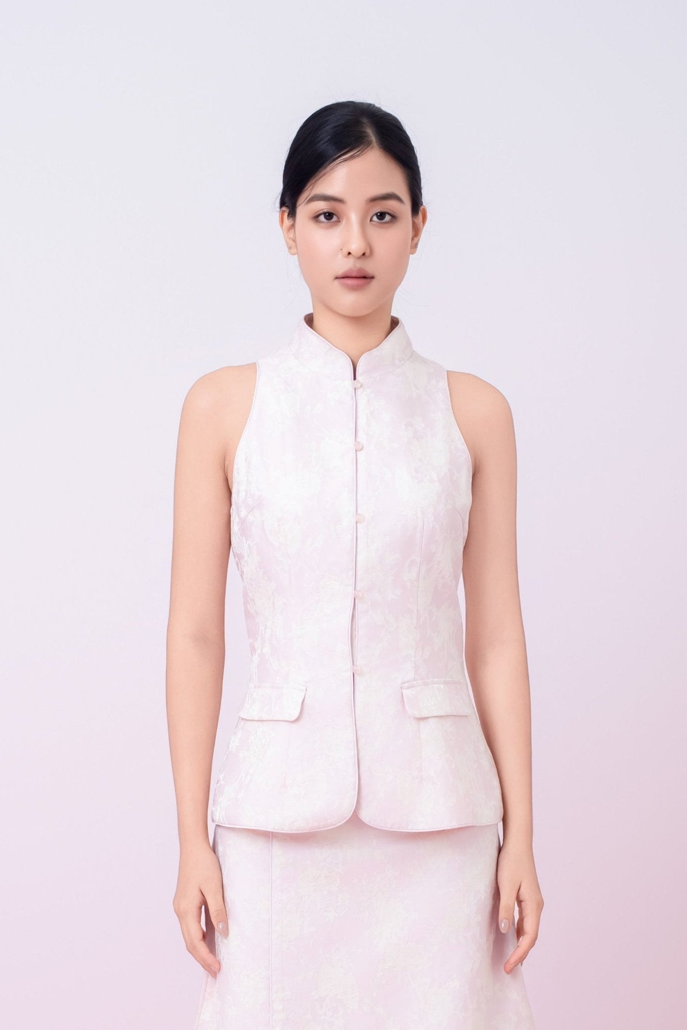 Joela Light Pink Jacquard With Cream Floral Cheongsam Top - Nimisski