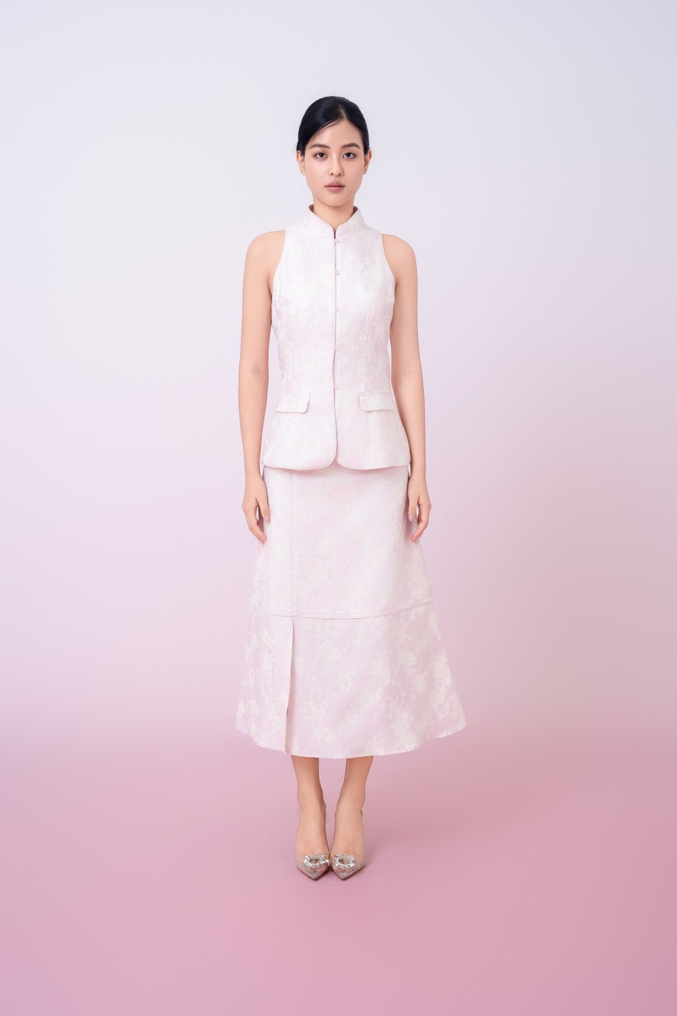 Joela Light Pink Jacquard With Cream Floral Cheongsam Top - Nimisski