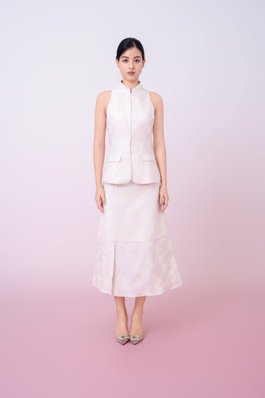 Joela Light Pink Jacquard With Cream Floral Cheongsam Top - Nimisski