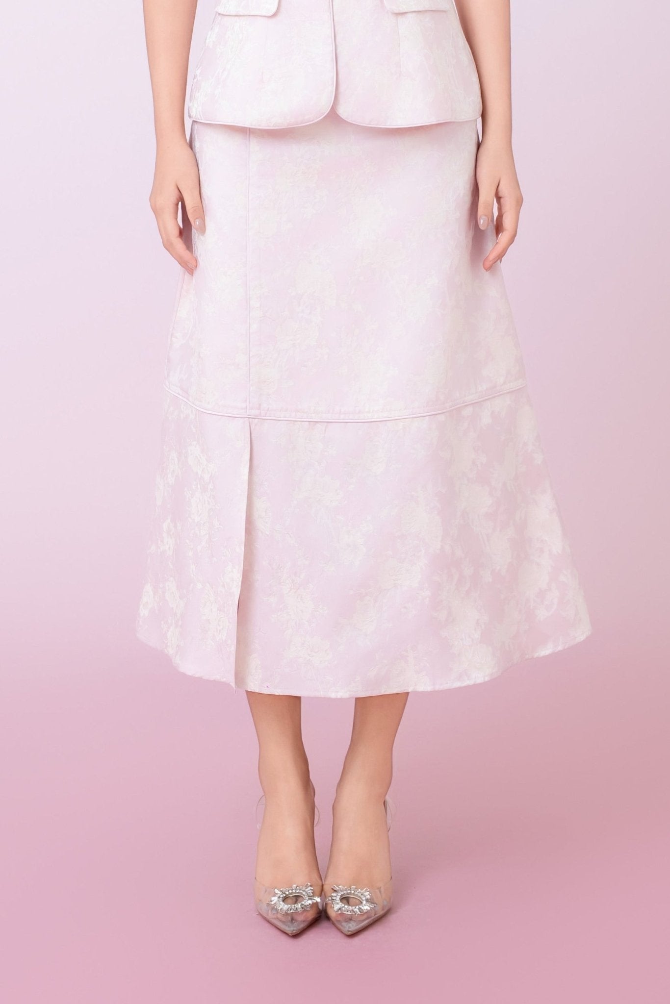 Joela Light Pink Jacquard With Cream Floral Drop Waist Skirt - Nimisski