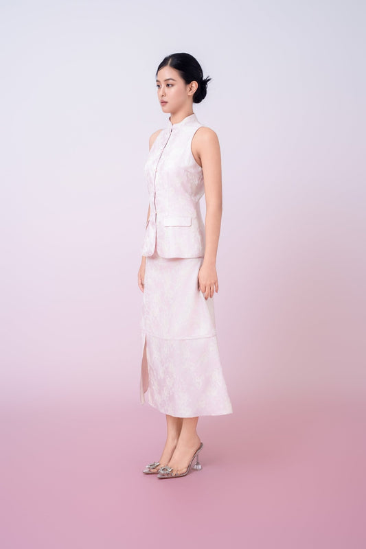 Joela Light Pink Jacquard With Cream Floral Drop Waist Skirt - Nimisski