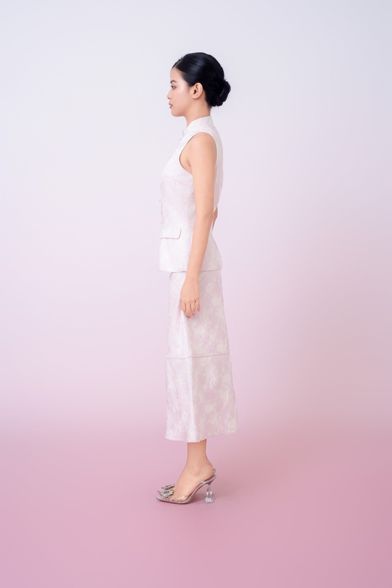 Joela Light Pink Jacquard With Cream Floral Drop Waist Skirt - Nimisski