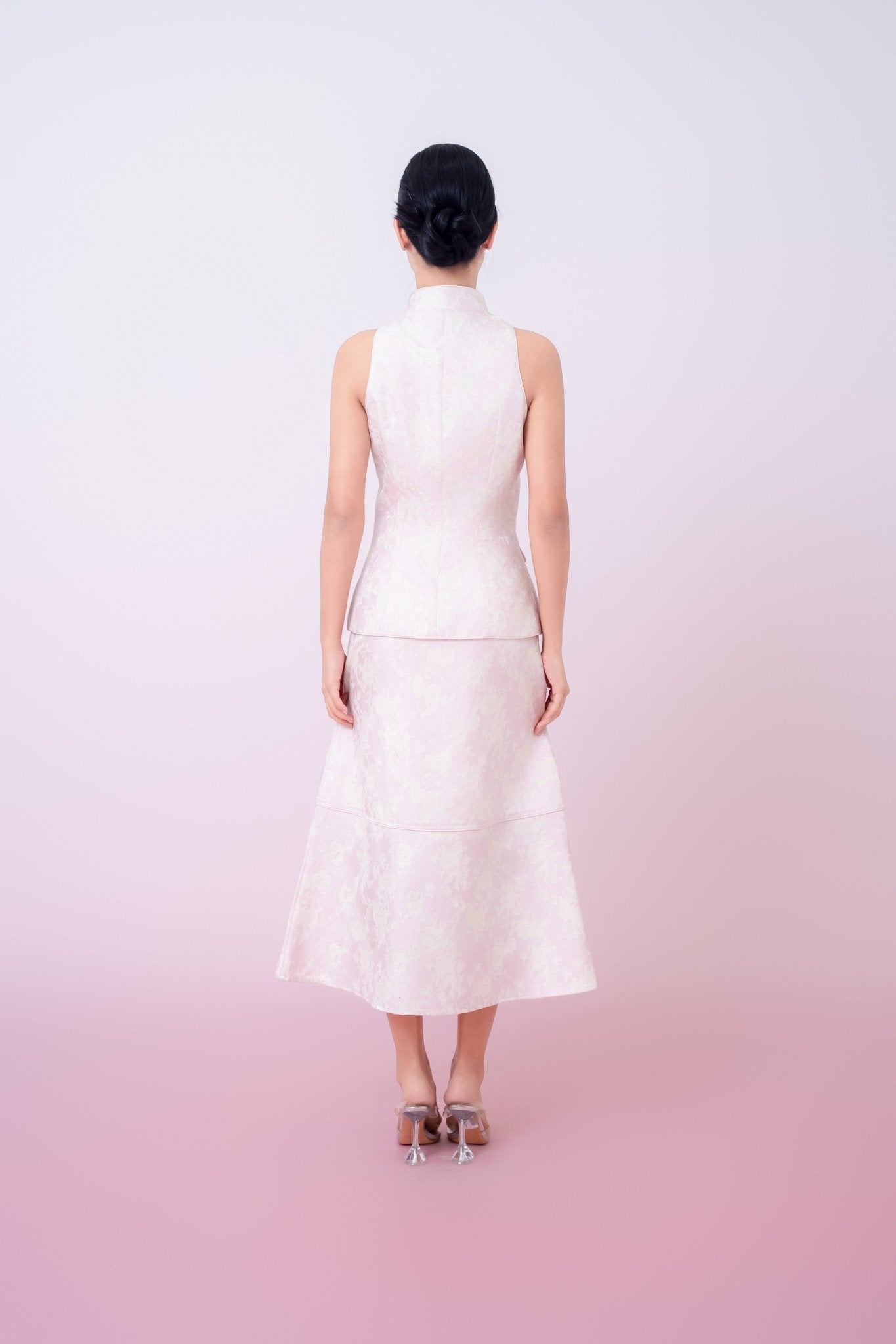 Joela Light Pink Jacquard With Cream Floral Drop Waist Skirt - Nimisski